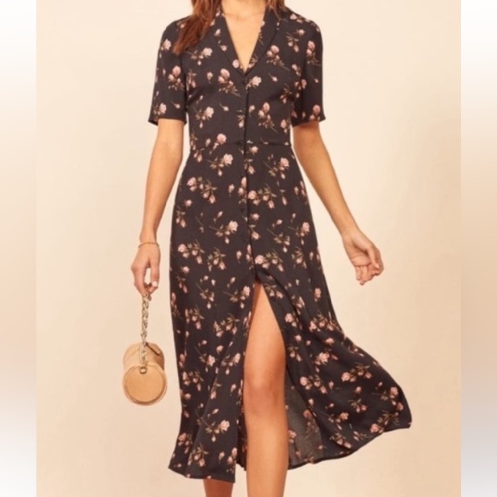 Reformation Black Floral Rocki Midi Dress